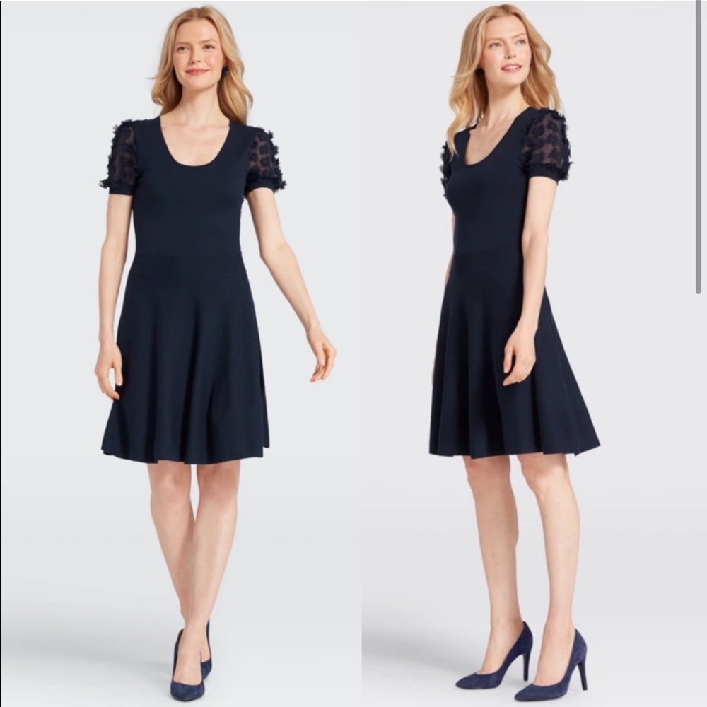 Draper James Fleurette Flower Appliqué Sleeve Sweater Dress in Nassau Navy